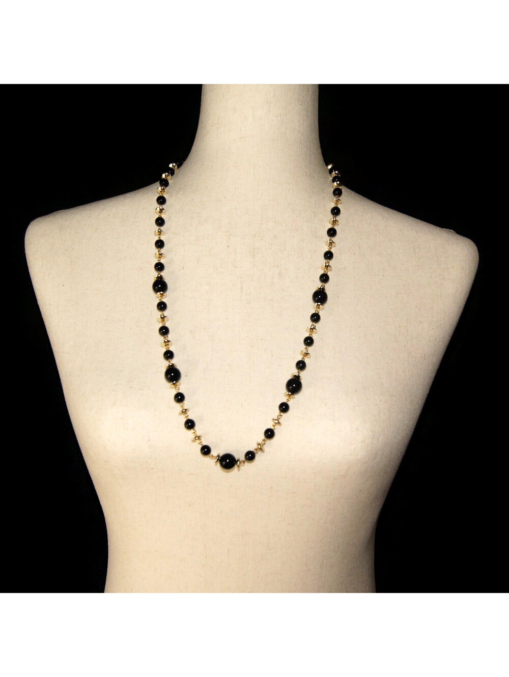 Vintage Worthington Gold Tone and Black Plastic Beaded Necklace.